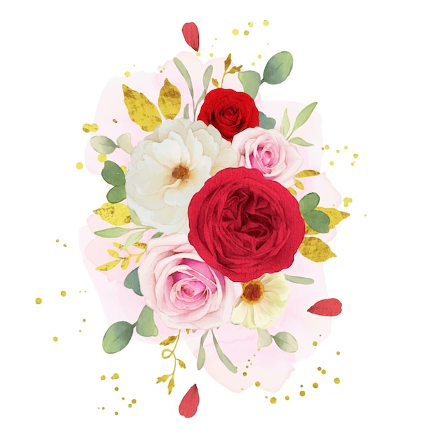 분홍색 백색과 빨강 장미의 수채화 꽃다발
