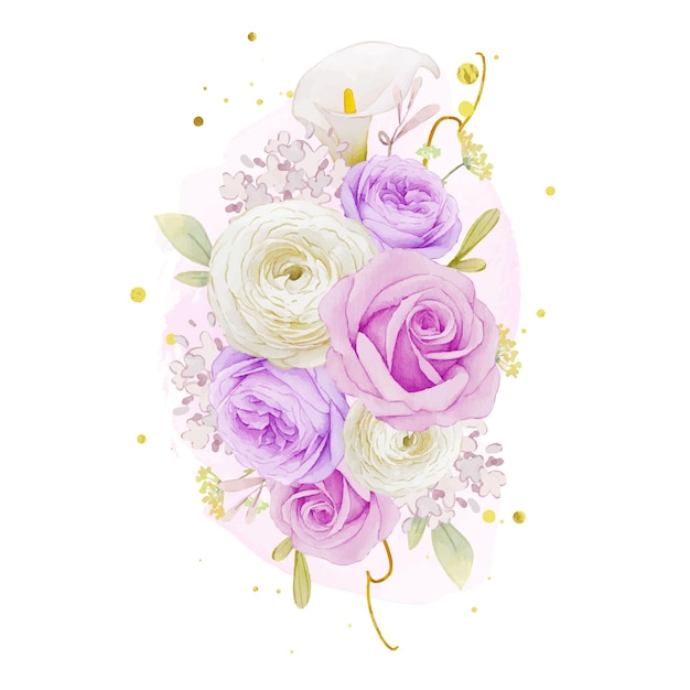 보라색 장미 백합과 꽃 꽃의 수채화 꽃다발