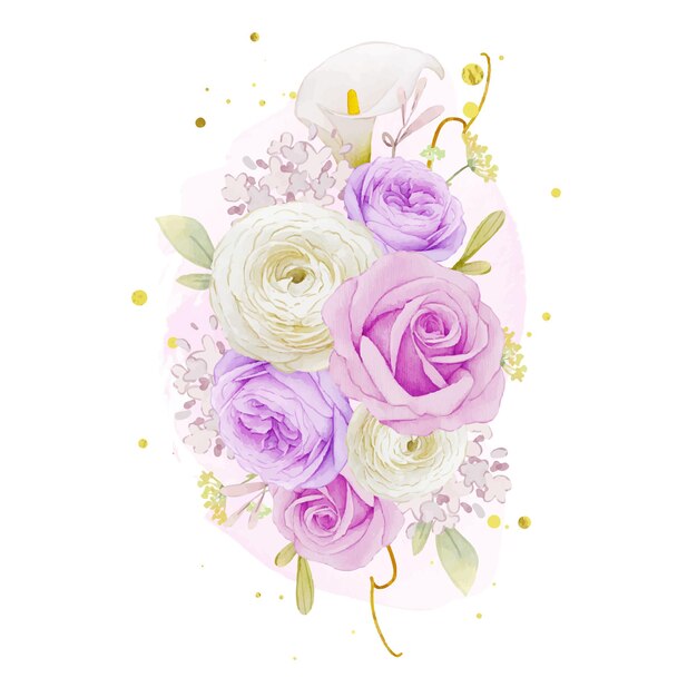 Watercolor bouquet of purple rose  lily  and ranunculus flower