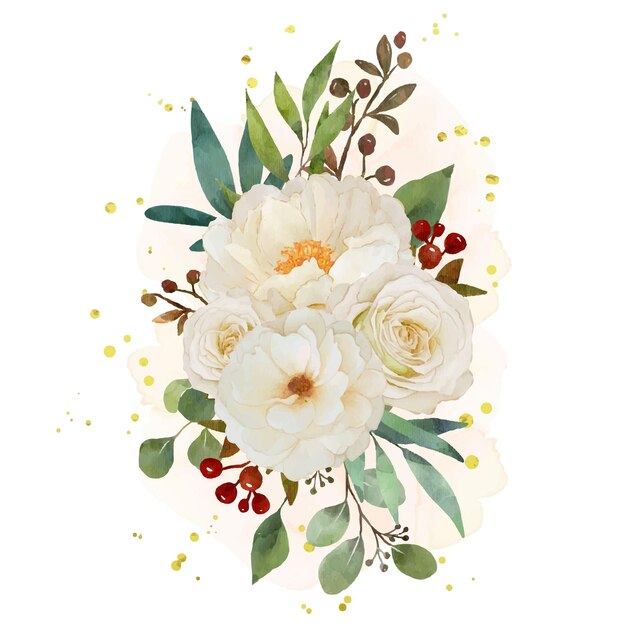 白いバラと牡丹の花の水彩花束