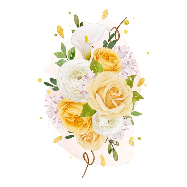 黄色いバラのユリとラナンキュラスの花の水彩花束