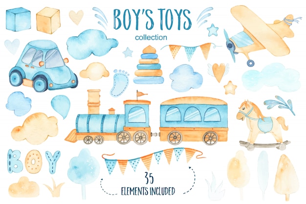 Watercolor Boys Toys Baby Shower Set With Car Airplane Train Garland And Trees Clouds