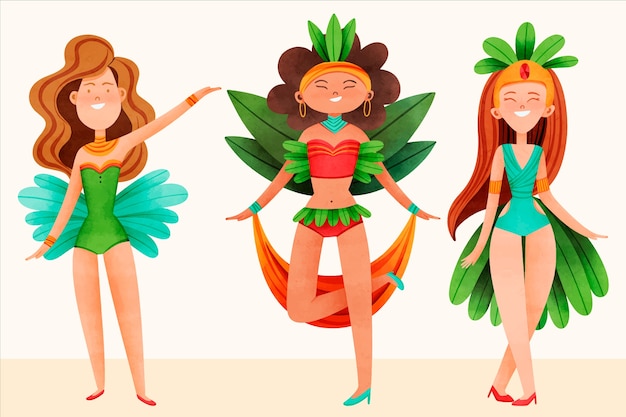 Free vector watercolor brazilian carnival celebration characters illustration