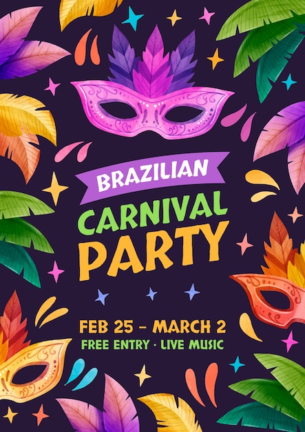 Акварельный бразильский карнавал вертикальный флаер шаблон