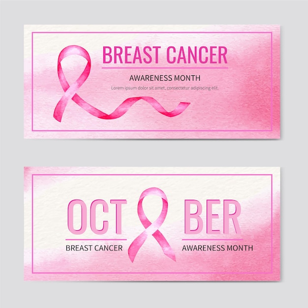 Watercolor breast cancer awareness month horizontal banners set