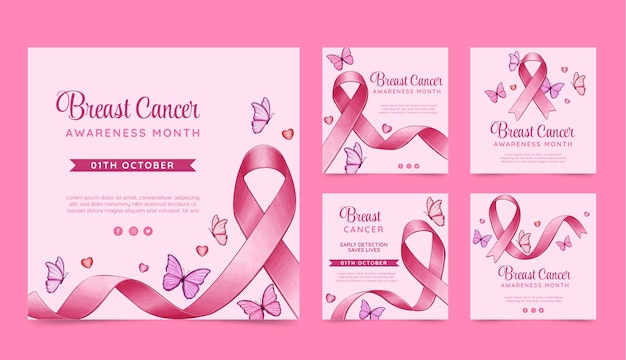 Free vector watercolor breast cancer awareness month instagram posts collection