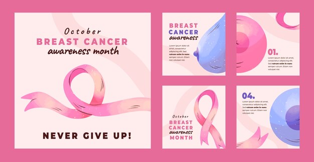 Watercolor breast cancer awareness month instagram posts collection