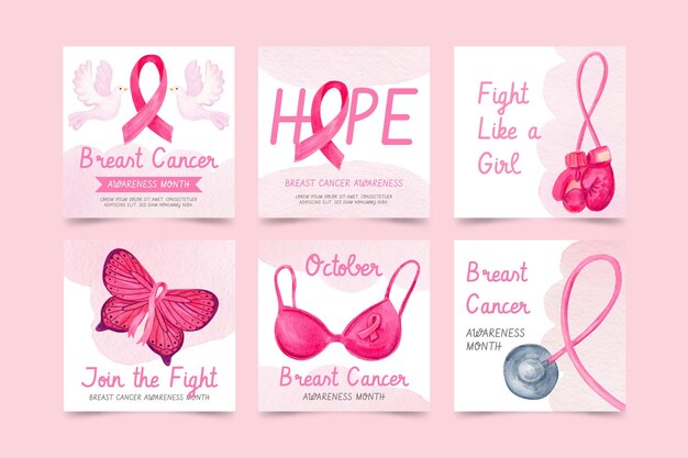 watercolor breast cancer awareness month instagram posts collection