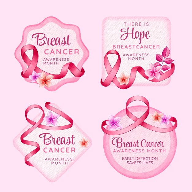 Watercolor breast cancer awareness month labels collection