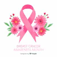 Free vector watercolor breast cancer awareness ribbon with flowers