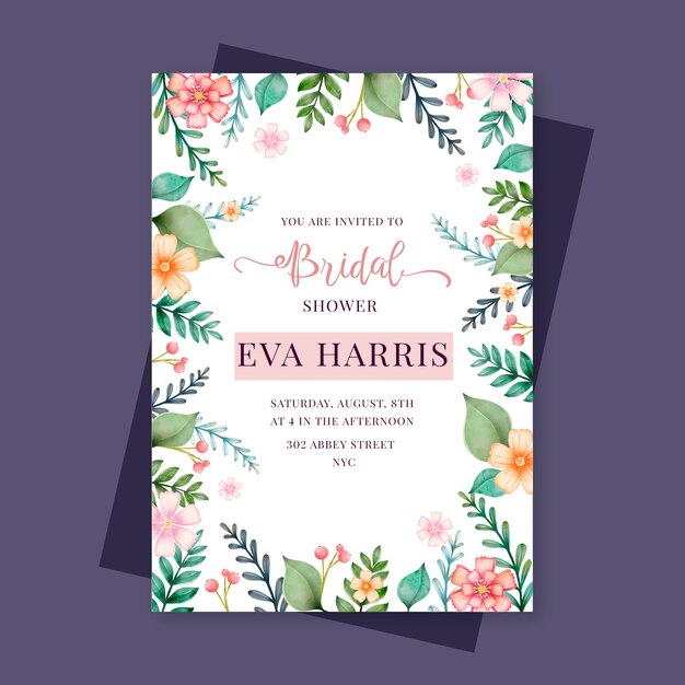 Watercolor bridal shower invitation template with flowers