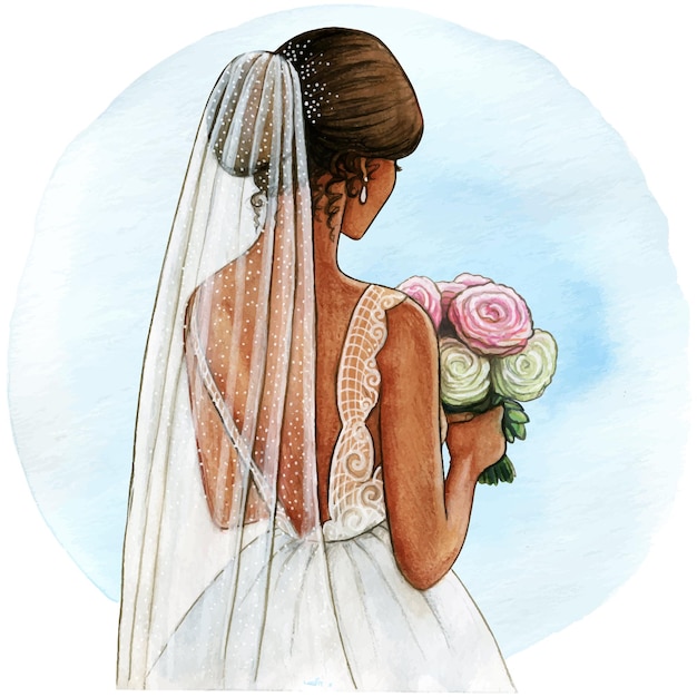 水彩の花嫁のイラストの白いガウンとベール プレミアムベクター