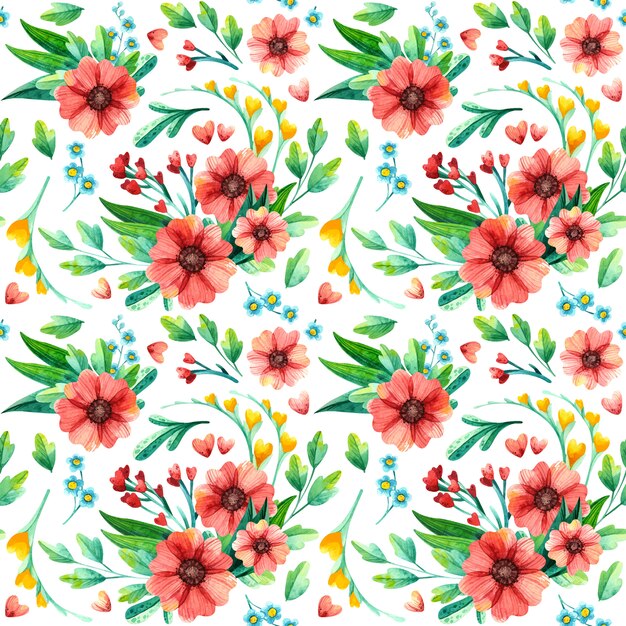 Watercolor Bright Floral Seamless Patterns. Repeating Texture With Red Flowers.