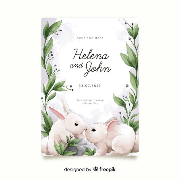 Шаблон приглашения свадебные акварельные кролики
