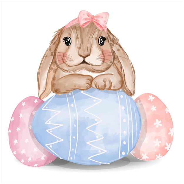 Watercolor bunny with pink and blue eggs