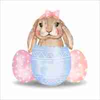 Free vector watercolor bunny with pink and blue eggs