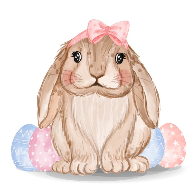 Watercolor bunny with pink and blue eggs