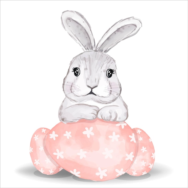 Watercolor bunny with pink eggs