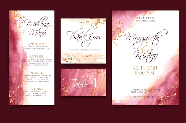 Free vector watercolor burgundy and golden wedding stationery pack