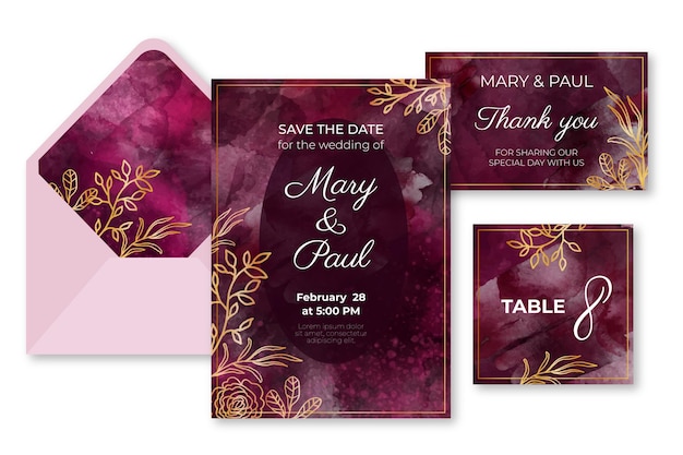 Watercolor burgundy and golden wedding stationery set