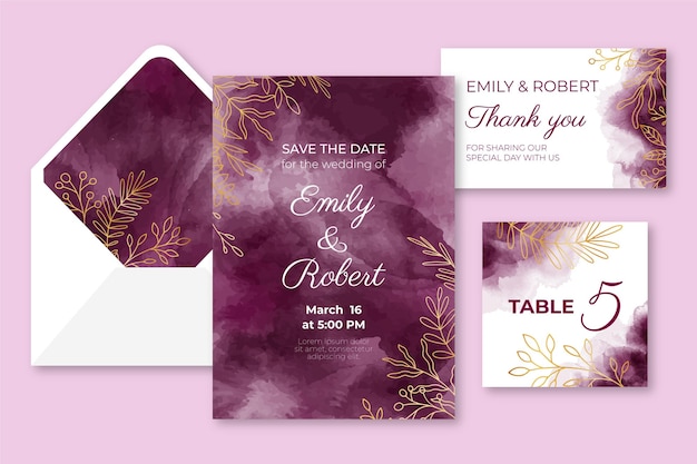 Free vector watercolor burgundy and golden wedding stationery set