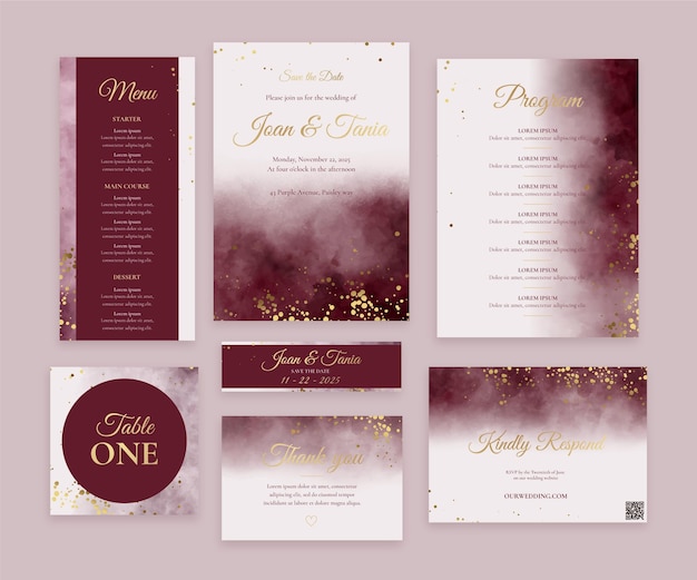 Watercolor burgundy and golden wedding stationery set