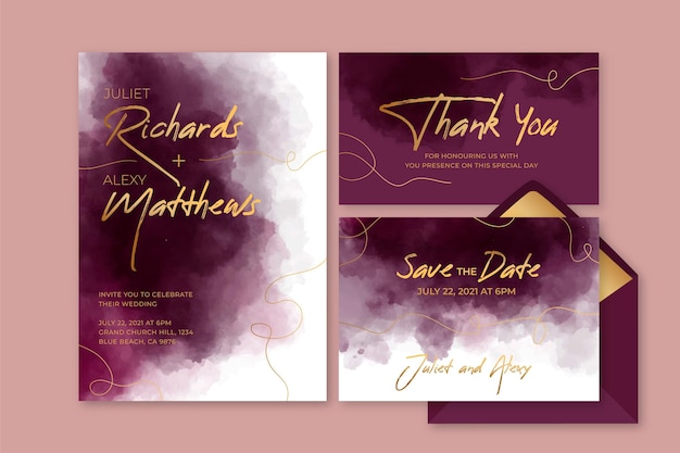 Watercolor burgundy and golden wedding stationery