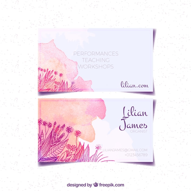 Free vector watercolor business card with sketches of flowers