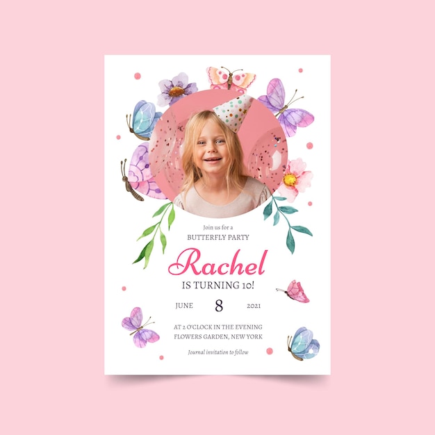 Free vector watercolor butterfly birthday invitation with photo