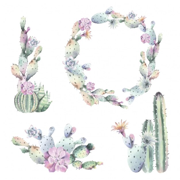 Watercolor Cactus frames and bouquets