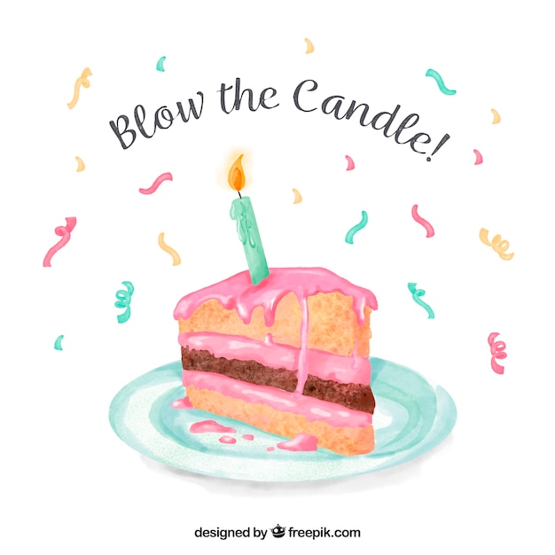 Watercolor cake piece background with message “blow the candle” – Vector Templates