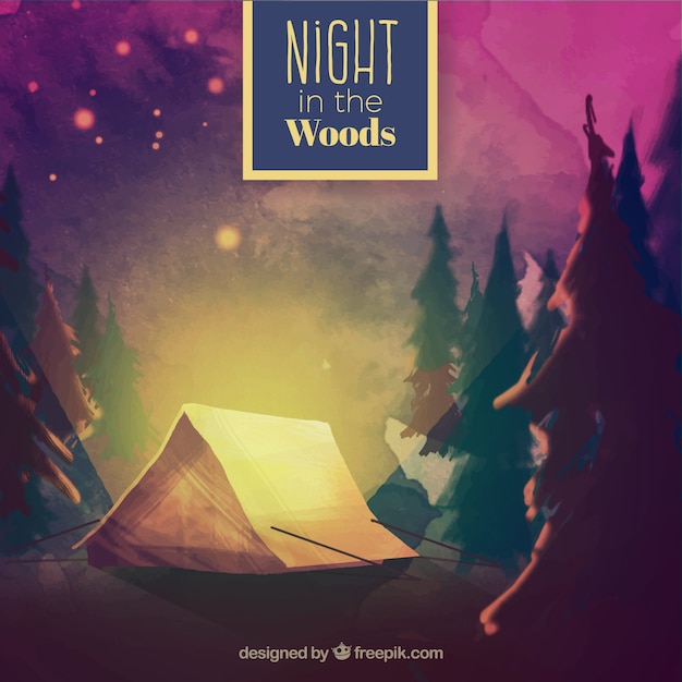 Free vector watercolor camping tent ina beautiful wood