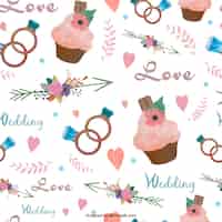 Free vector watercolor capcake and wedding elements pattern