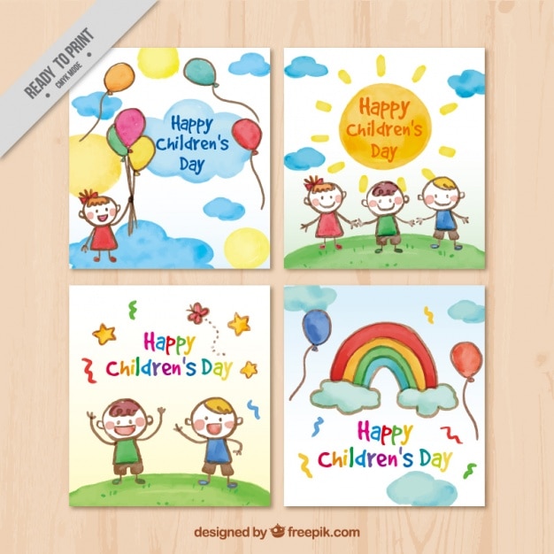 Free vector watercolor card collection of children's day