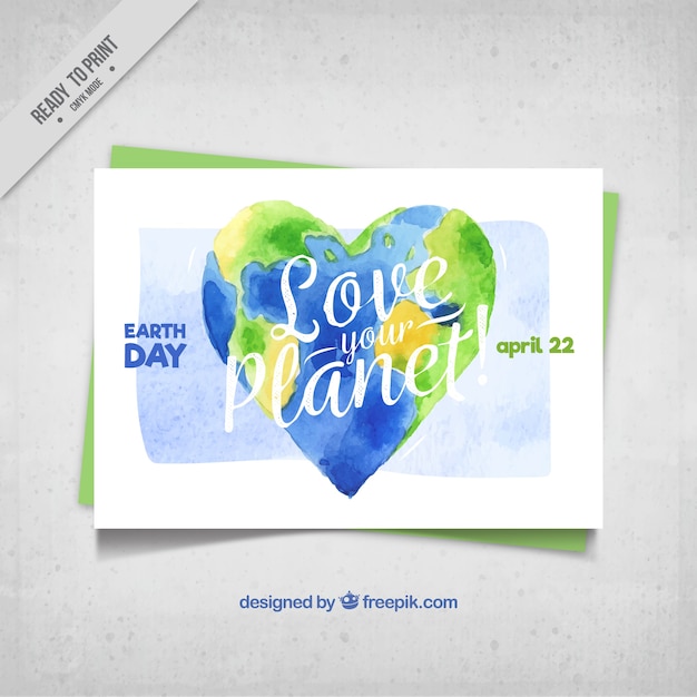 Watercolor card with earth heart shaped