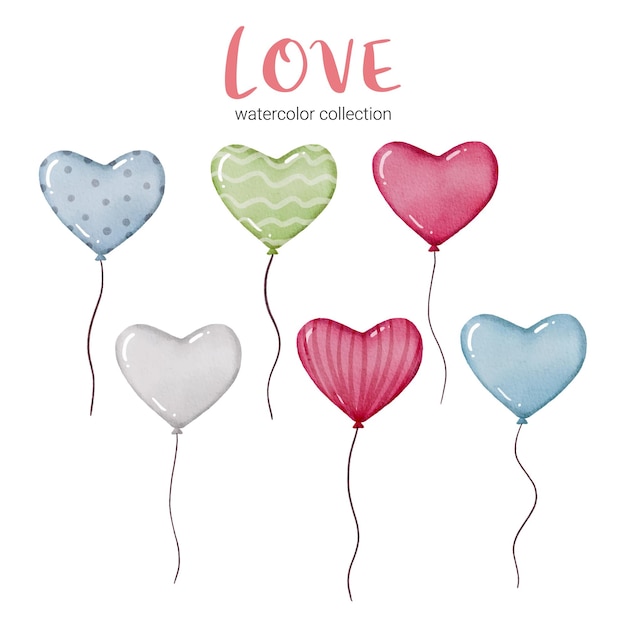 Watercolor  card with flying balloons in shape of hearts and different textures, valentine concept element lovely romantic red-pink hearts for decoration, illustration.