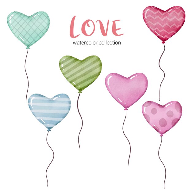 Watercolor  card with flying balloons in shape of hearts and different textures, valentine concept element lovely romantic red-pink hearts for decoration, illustration.