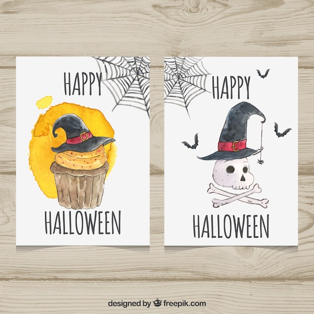 Watercolor cards wtih skull and cupcake