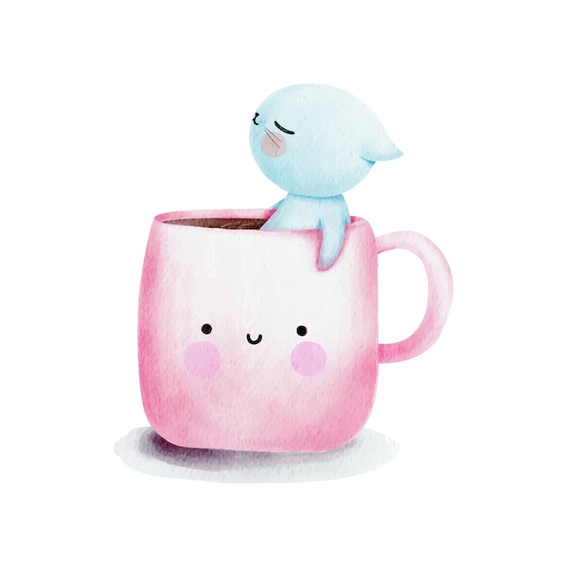 Watercolor cat in a coffee cup