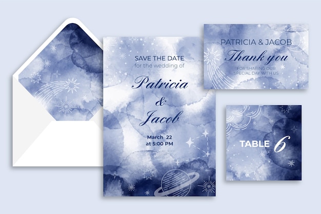 Watercolor celestial wedding stationery collection