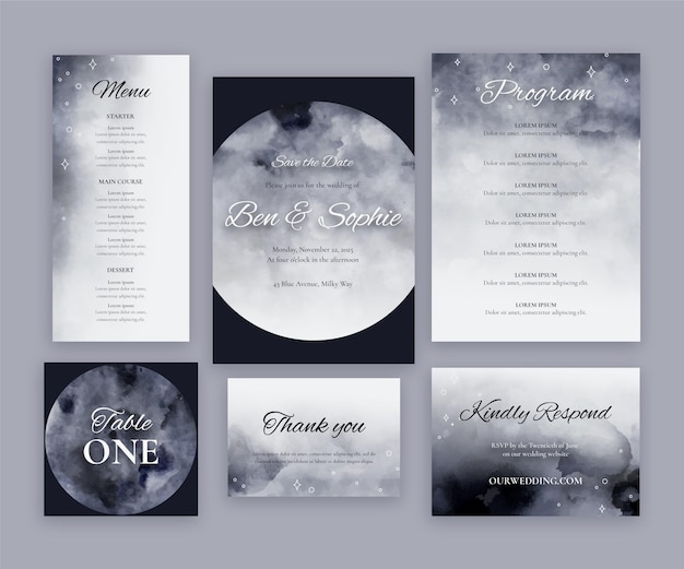 Free vector watercolor celestial wedding stationery collection