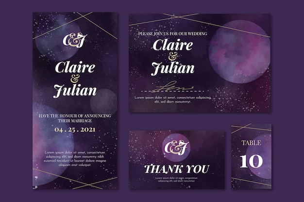 Free vector watercolor celestial wedding stationery collection