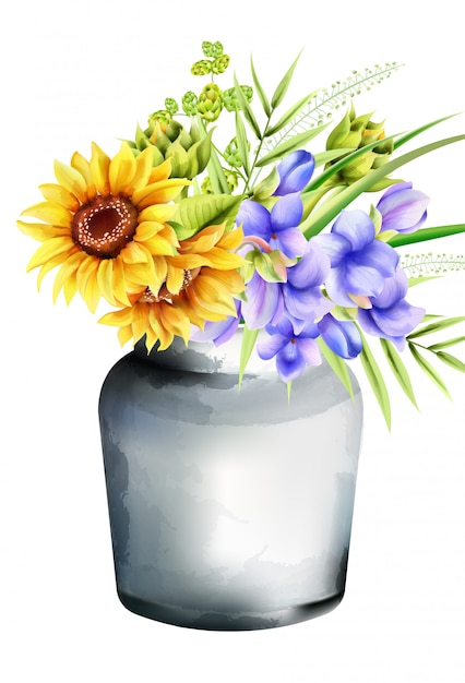 Watercolor ceramic vase with sunflowers, morning glory and artichoke, green leaves