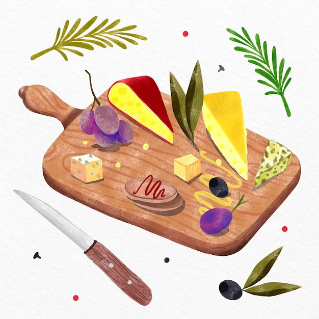 Watercolor cheese board illustration