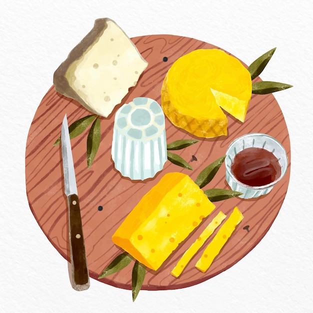 Watercolor cheese board illustration