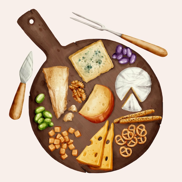 Акварельная иллюстрация доски сыра