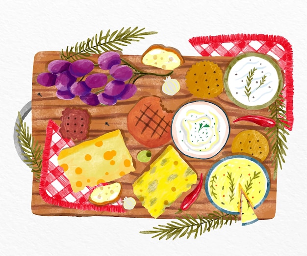 Watercolor cheese board top view