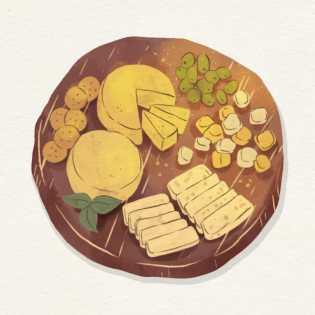 Акварельная иллюстрация сырной доски с сопровождением