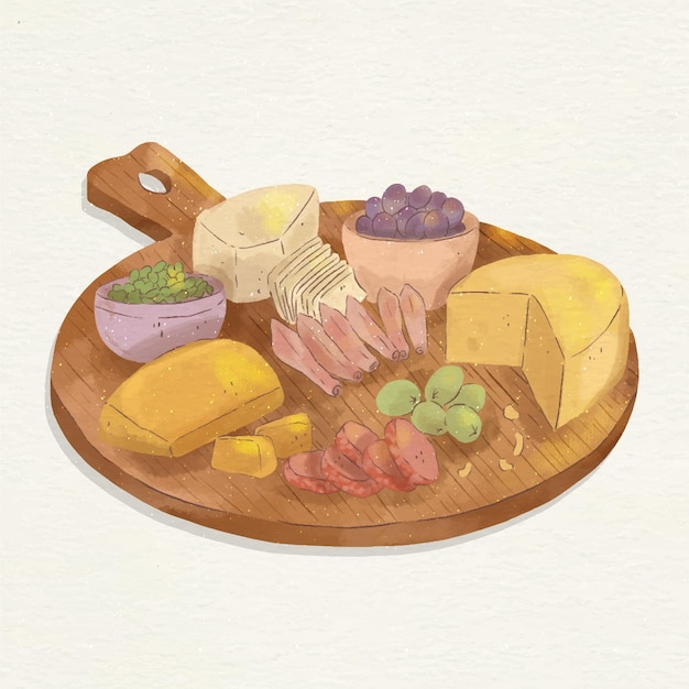 Watercolor cheeseboard illustration with accompaniments