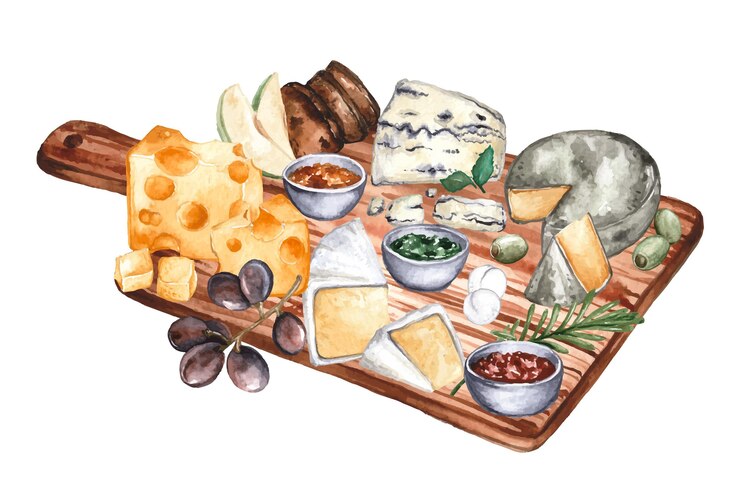 Free Vector watercolor cheeseboard illustration with accompaniments